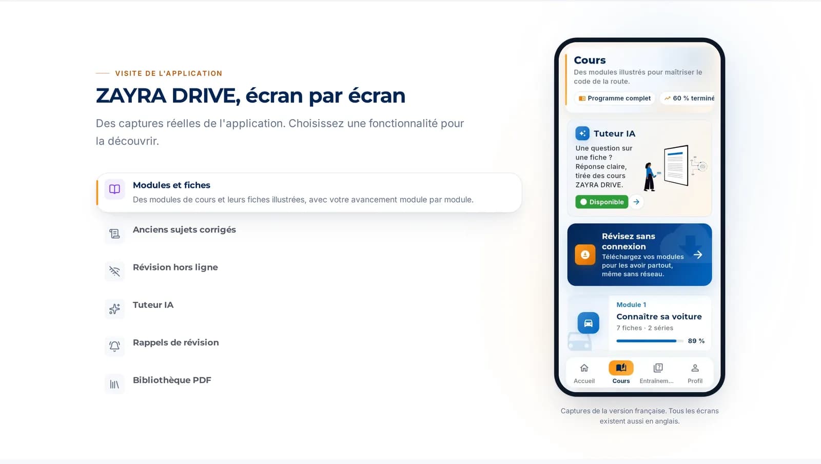 The app, screen by screen: lessons, AI tutor, offline revision
